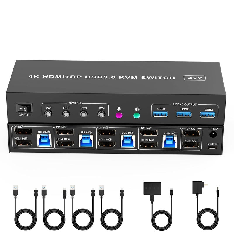 TaiLaiEra 4K KVM Switch 2 Monitors 4 Computers Dual Monitor HDMI Displayport USB 3.0 KVM Switches 4K@60Hz,Support Extended/Mirror Mode Share 3 USB 3.0 Ports with Desktop Controller, Adapter Included - Image 1